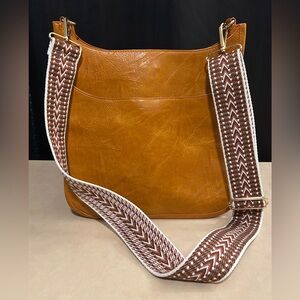 Funky Monkey Brand Tan Leather Crossbody Bag with Guitar Strap